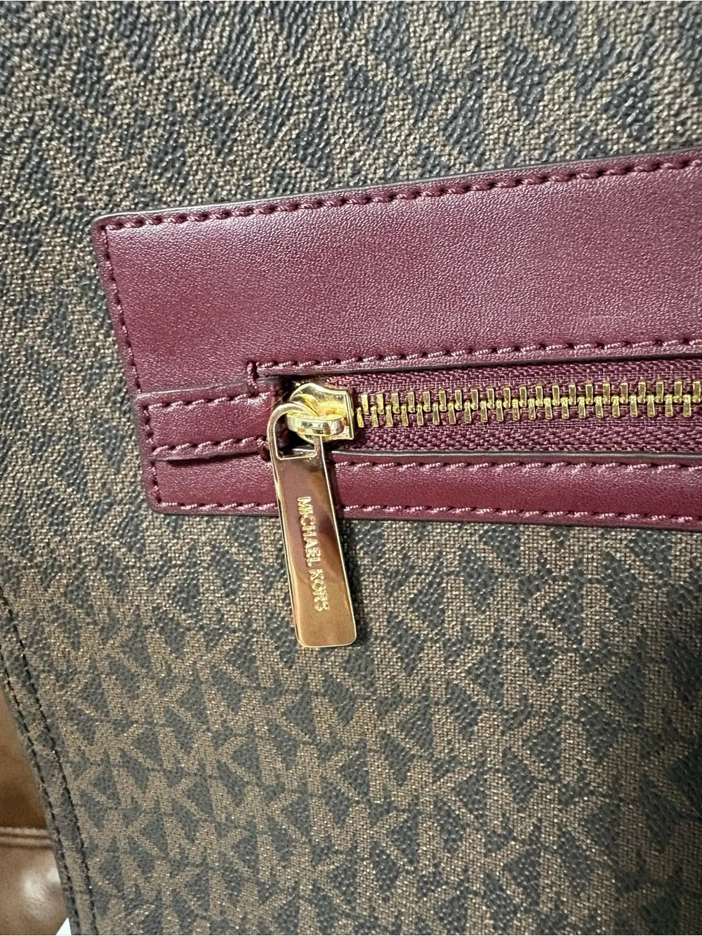 Michael Kors Brown MK Logo Tote with Burgundy Leather Trim